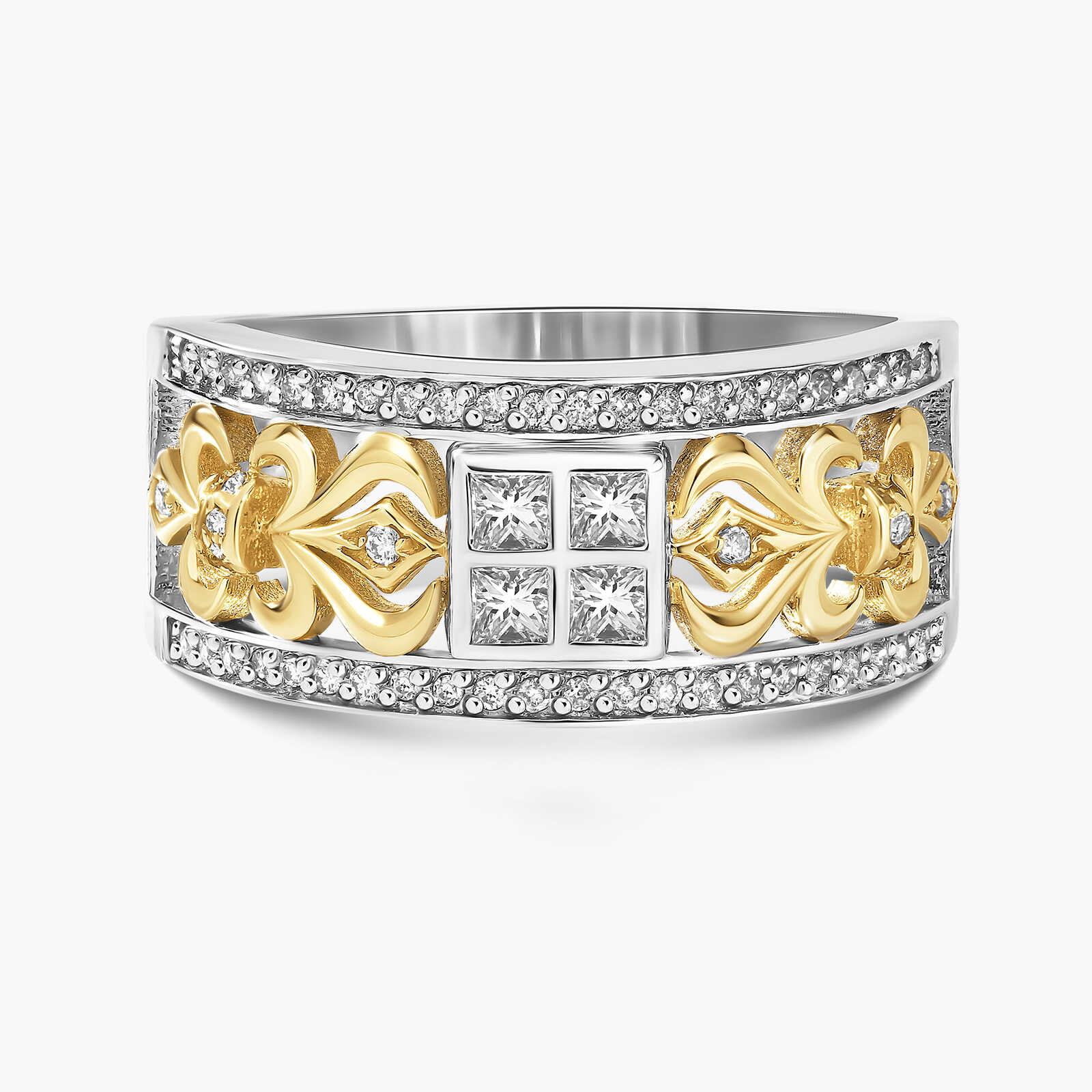 טבעת זהב לבן עם עיטורי זהב צהוב ויהלומי פרינסס