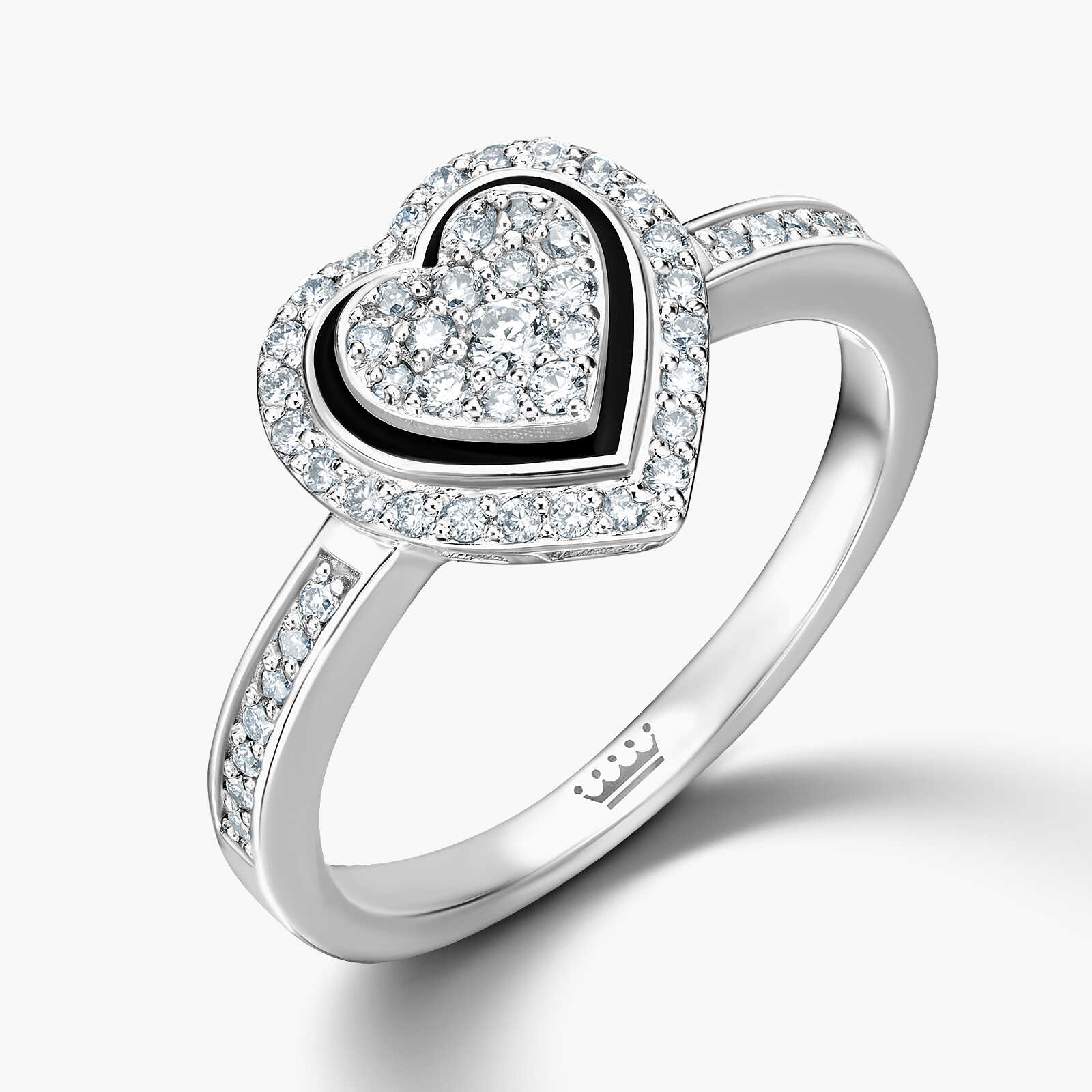 טבעת זהב לב כפול משובצת יהלומים בשילוב אמייל שחור