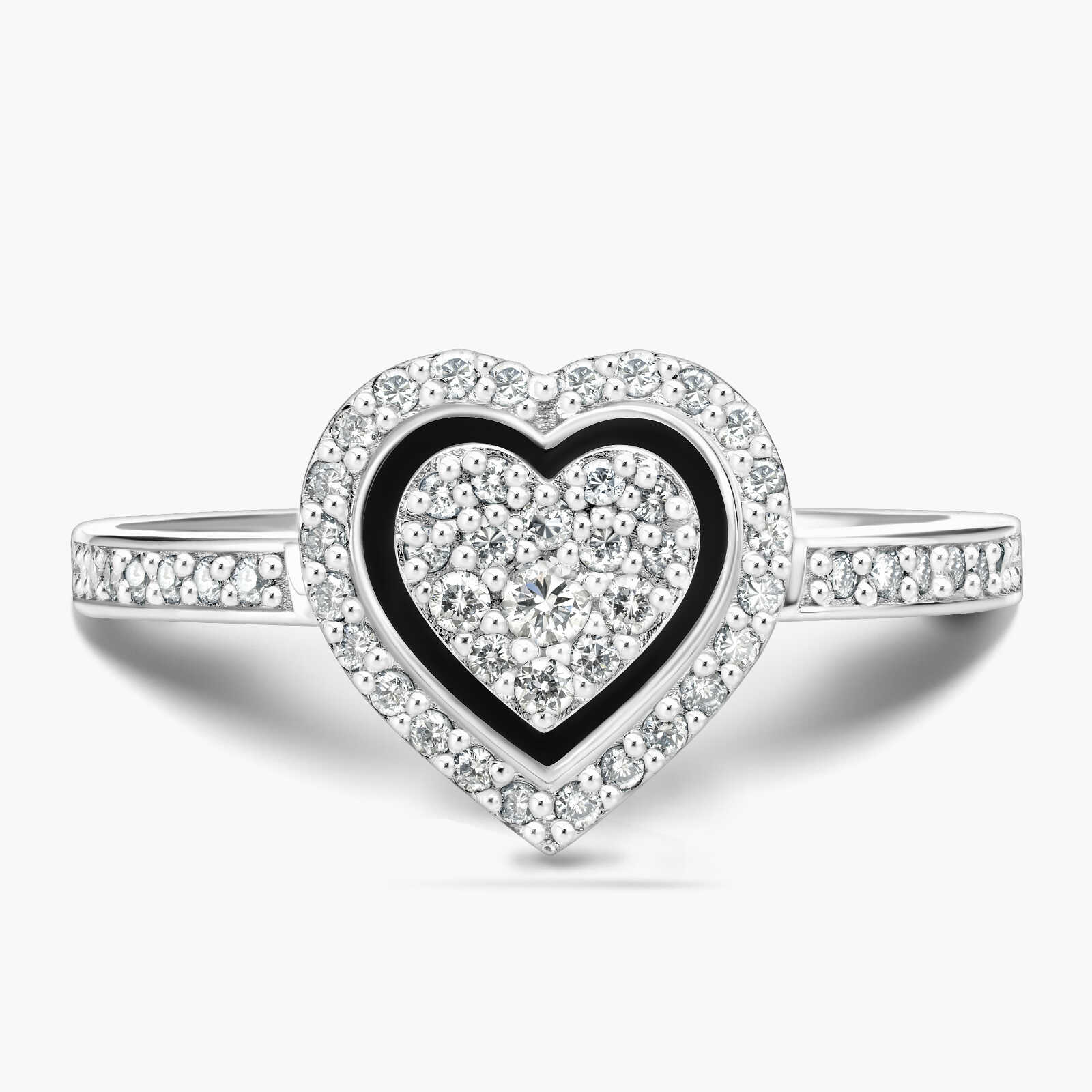 טבעת זהב לב כפול משובצת יהלומים בשילוב אמייל שחור