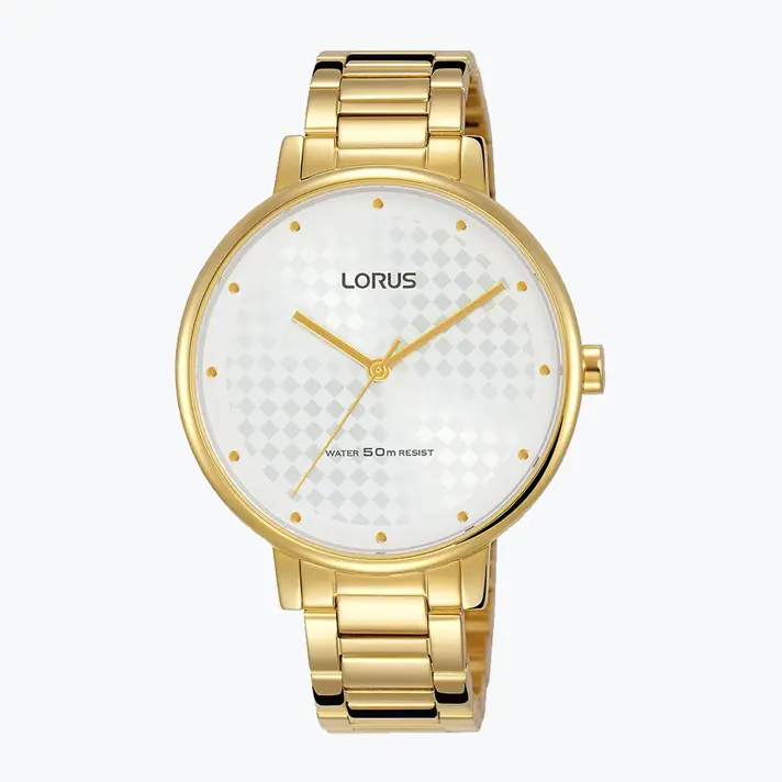 שעון lorus לוח משבצות וצמיד מתכת מוזהב