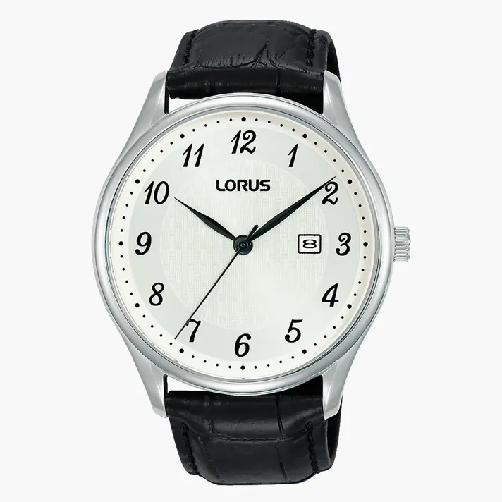 שעון LORUS לגברים עם רצועת עור שחורה
