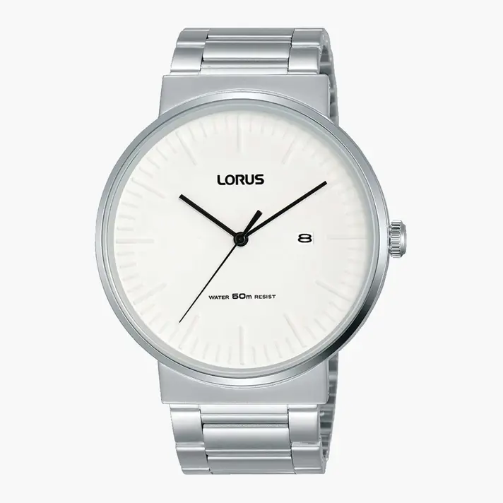 שעון lorus לוח לבן 43 מ"מ עם צמיד מתכת.