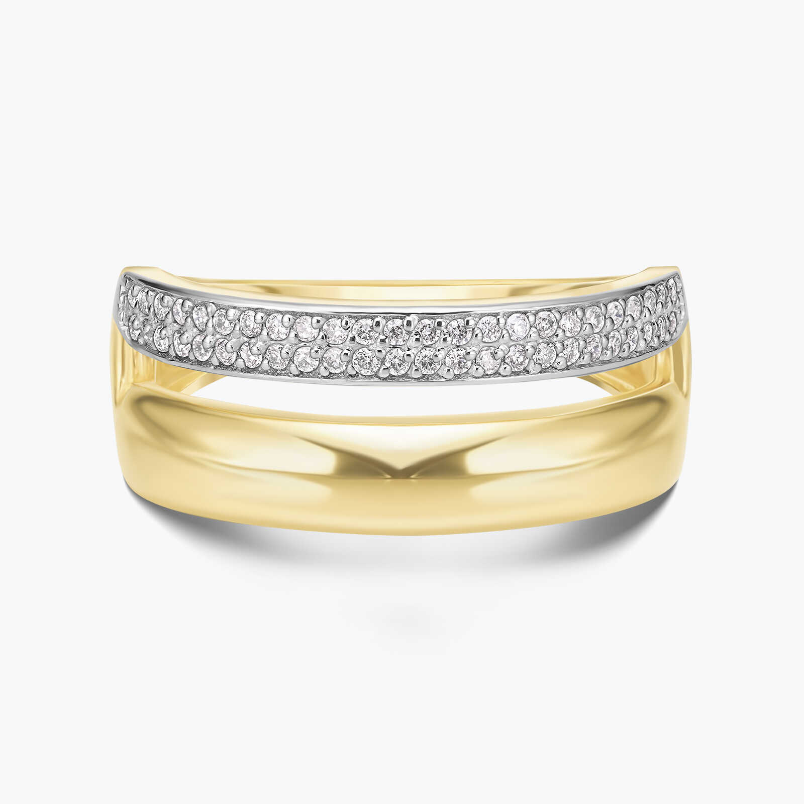 טבעת זהב עם שתי קשתות ובשיבוץ יהלומים