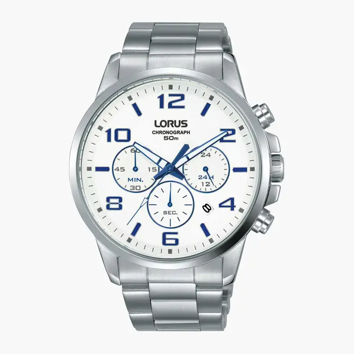 שעון lorus כרונוגרף לוח לבן ומחוגים כחולים