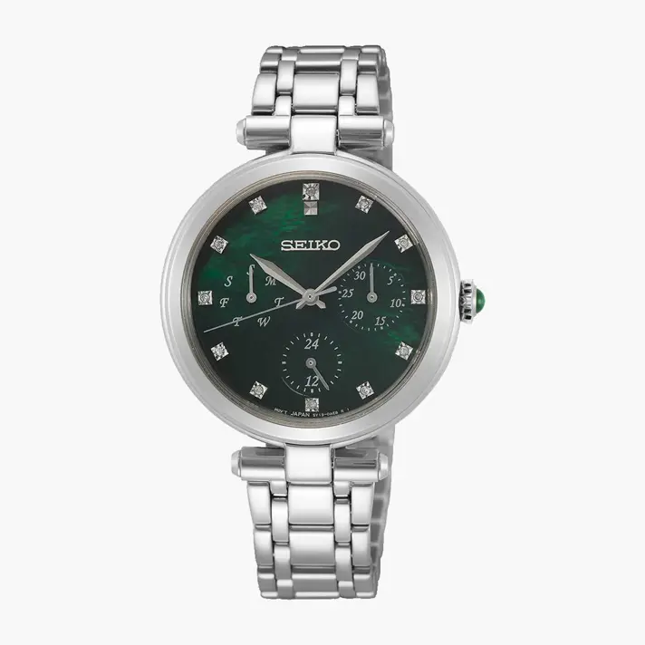 שעון SEIKO לנשים עם לוח ירוק עמוק משובץ יהלומים
