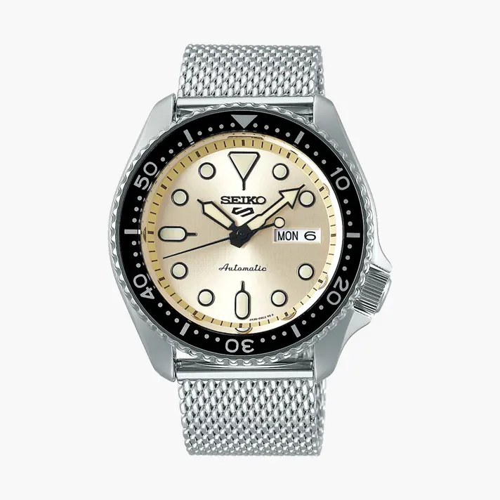 שעון SEIKO SPORT 5 עם צמיד מתכת MESH ולוח קרם