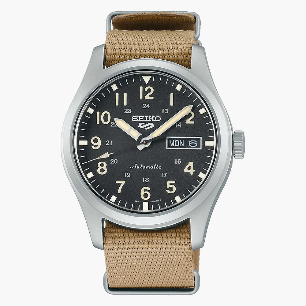  SEIKO 5 SPORT מנגנון אוטומטי ורצועת NATO בצבע בז'