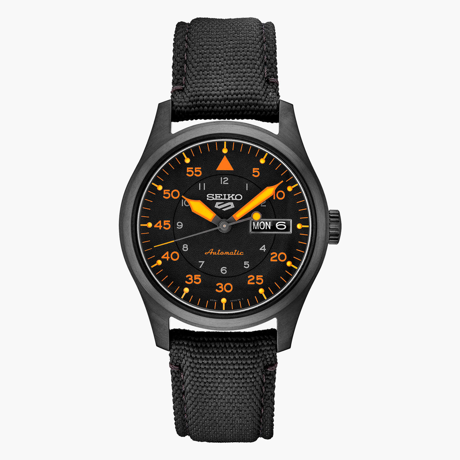  SEIKO 5 SPORT עם לוח שחור וכתום