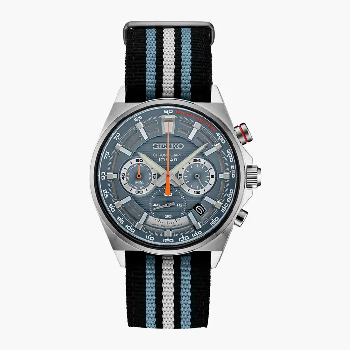 שעון SEIKO כרונוגרף עם לוח כחול ורצועת בד