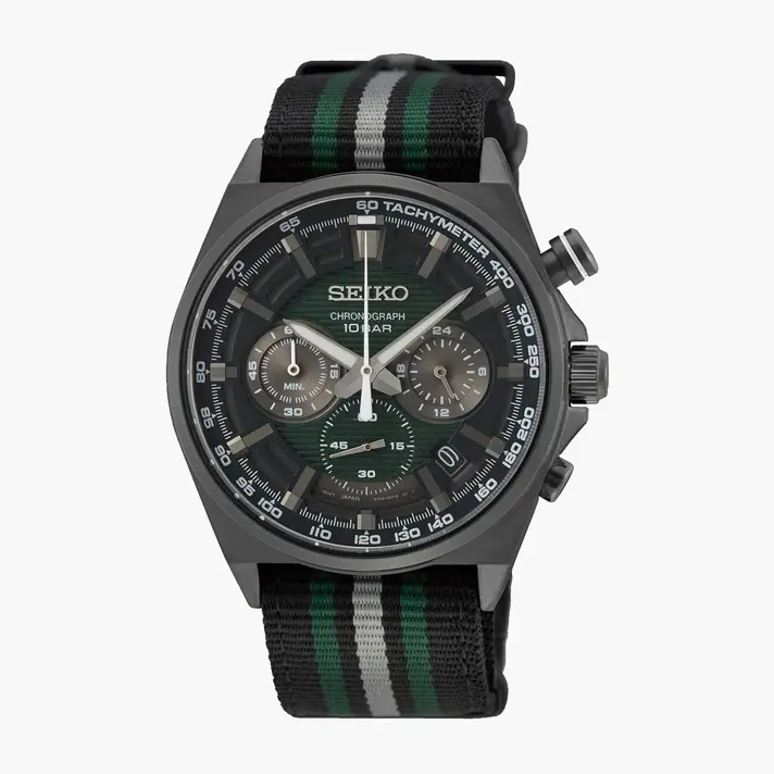 שעון SEIKO כרונוגרף עם לוח ירוק ורצועת בד