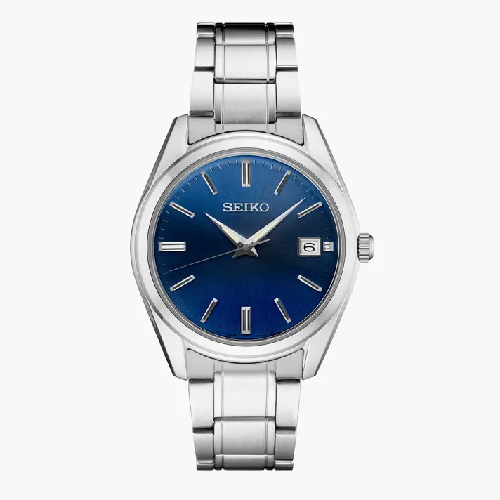 שעון SEIKO מוכסף עם זכוכית ספיר קריסטלשעון SEIKO לוח כחול עם זכוכית ספיר קריסטל