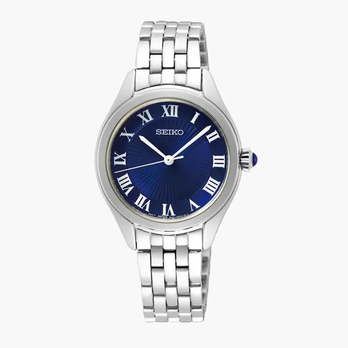 שעון SEIKO לנשים עם לוח כחול וספרות רומיות