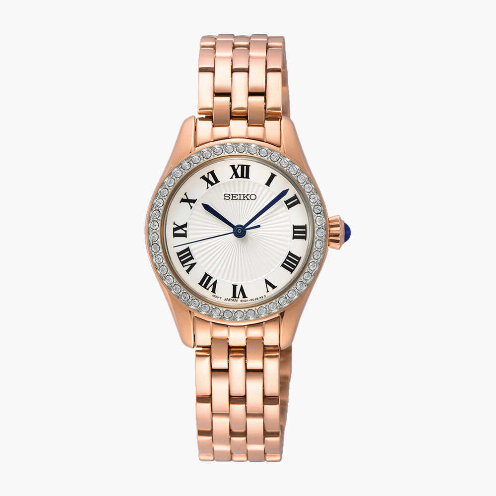 שעון SEIKO לנשים מוקף קריסטלים ולוח  עם ספרות רומיות