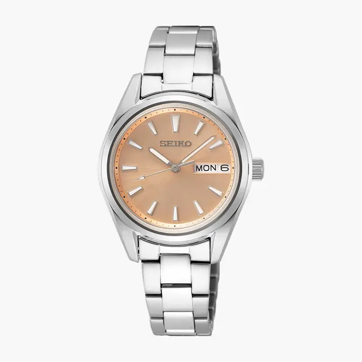 שעון  SEIKO לנשים עם זכוכית ספיר ולוח בגוון אפרסק
