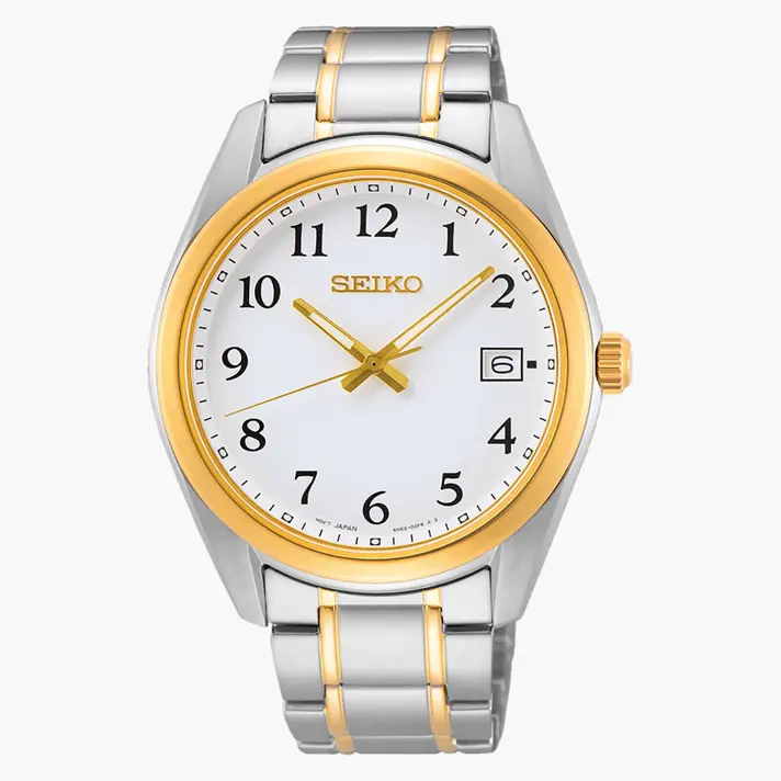 שעון SEIKO עם זכוכית ספיר ותאריכון בשילוב גווני זהב לבן וצהוב