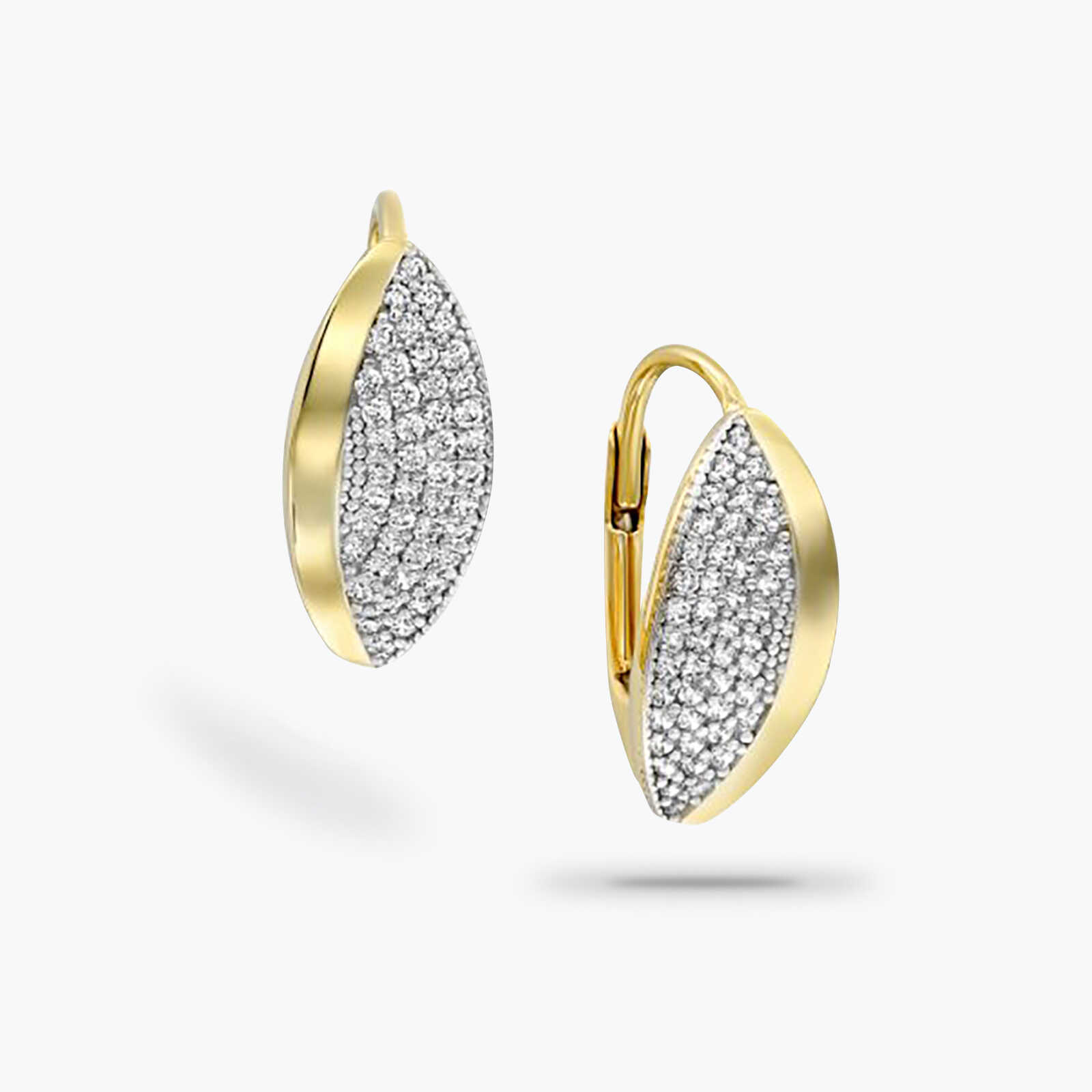 עגילי זהב בצורת עלה משובצים זרקונים