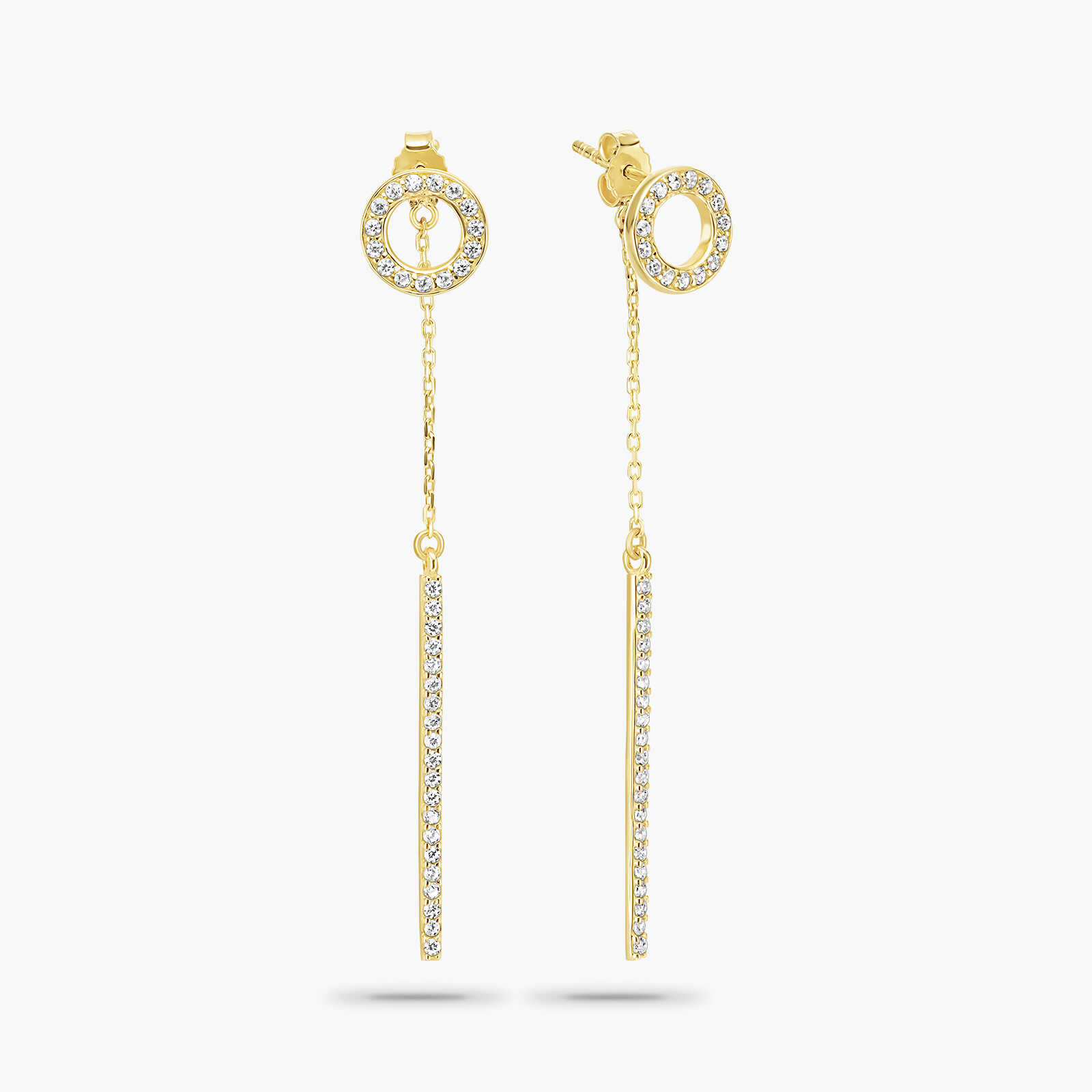 עגילי זהב עיגול עם סוגר אחורי משובץ זיקונים