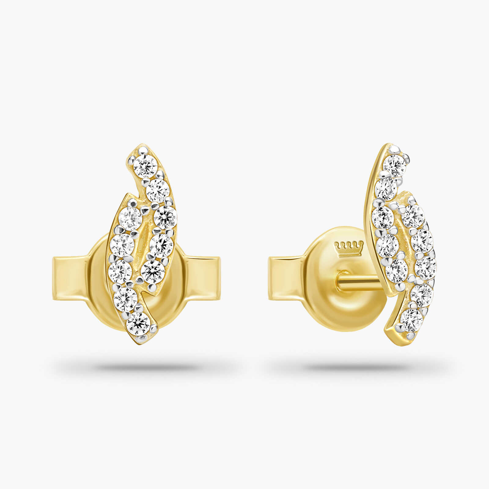 עגילי זהב גלי- משובצים זרקונים נוצצים