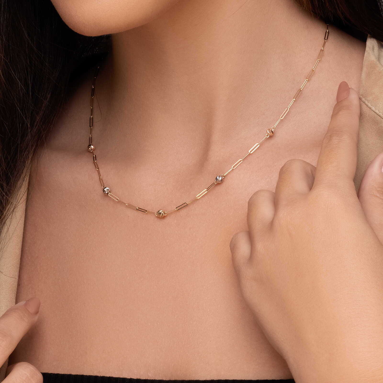 שרשרת אייבי DOT - חוליות זהב 14K בשילוב כדורי לייזר