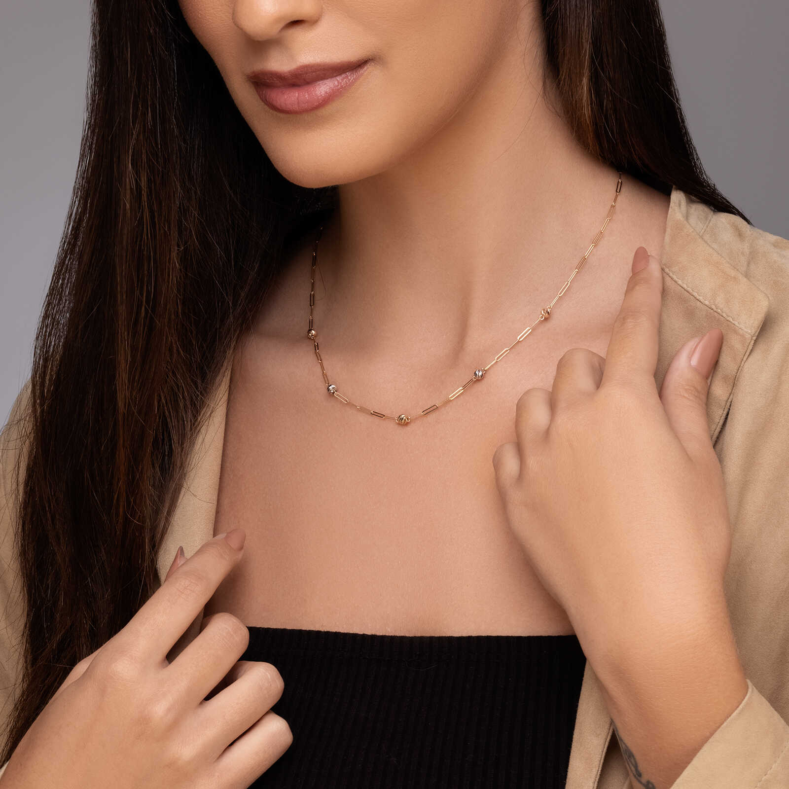 שרשרת אייבי DOT - חוליות זהב 14K בשילוב כדורי לייזר