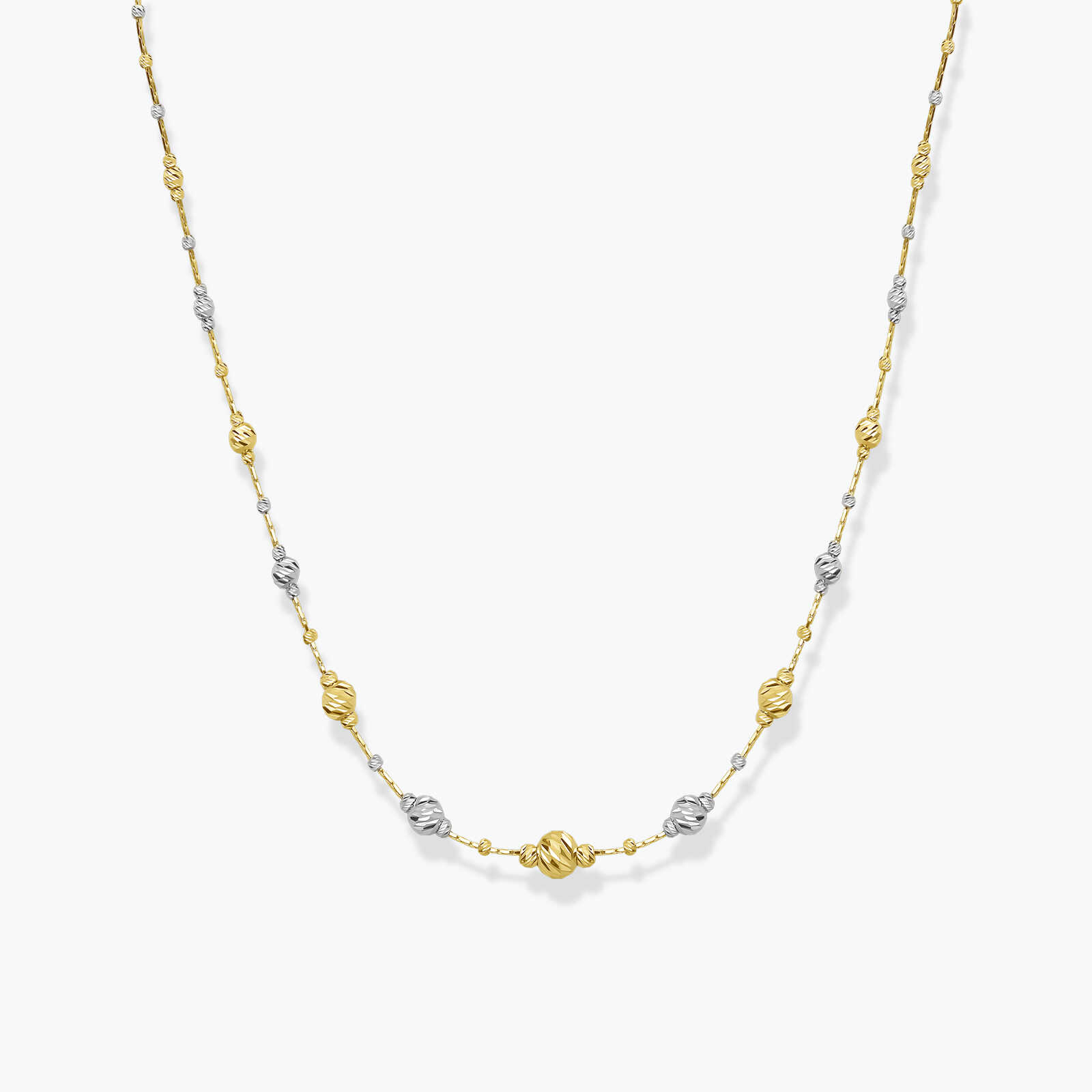 שרשרת זהב עם כדורי זהב בעיבוד לייזר בגווני זהב צהוב ולבן