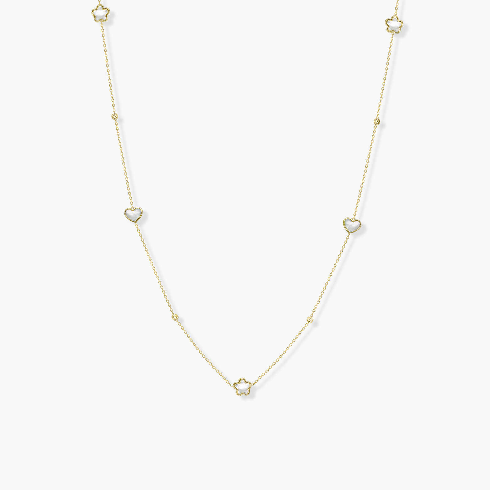 שרשרת זהב עם צורת לבבות ופרחים משובצים צדף