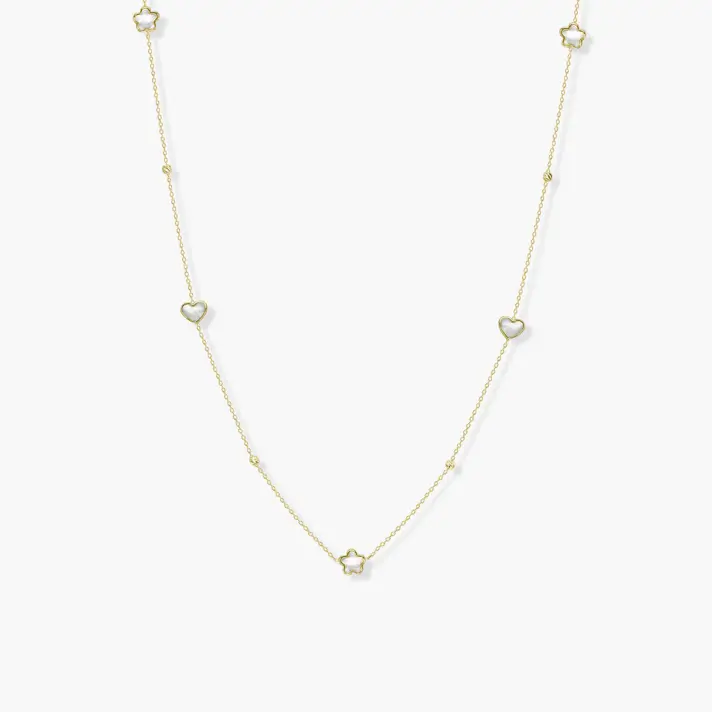 שרשרת זהב עם צורת לבבות ופרחים משובצים צדף