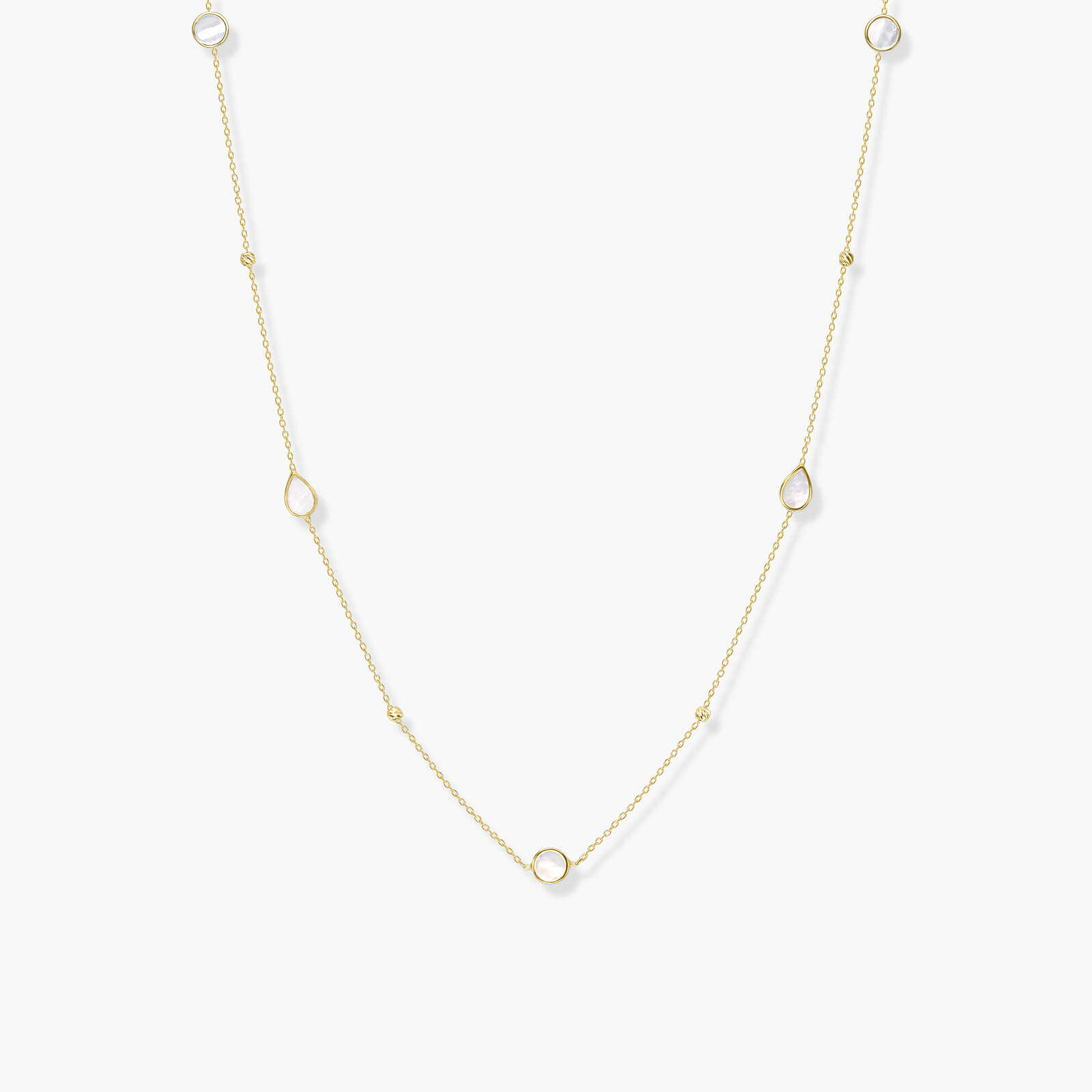 שרשרת זהב עם צורות טיפות ועיגולים משובצות צדף