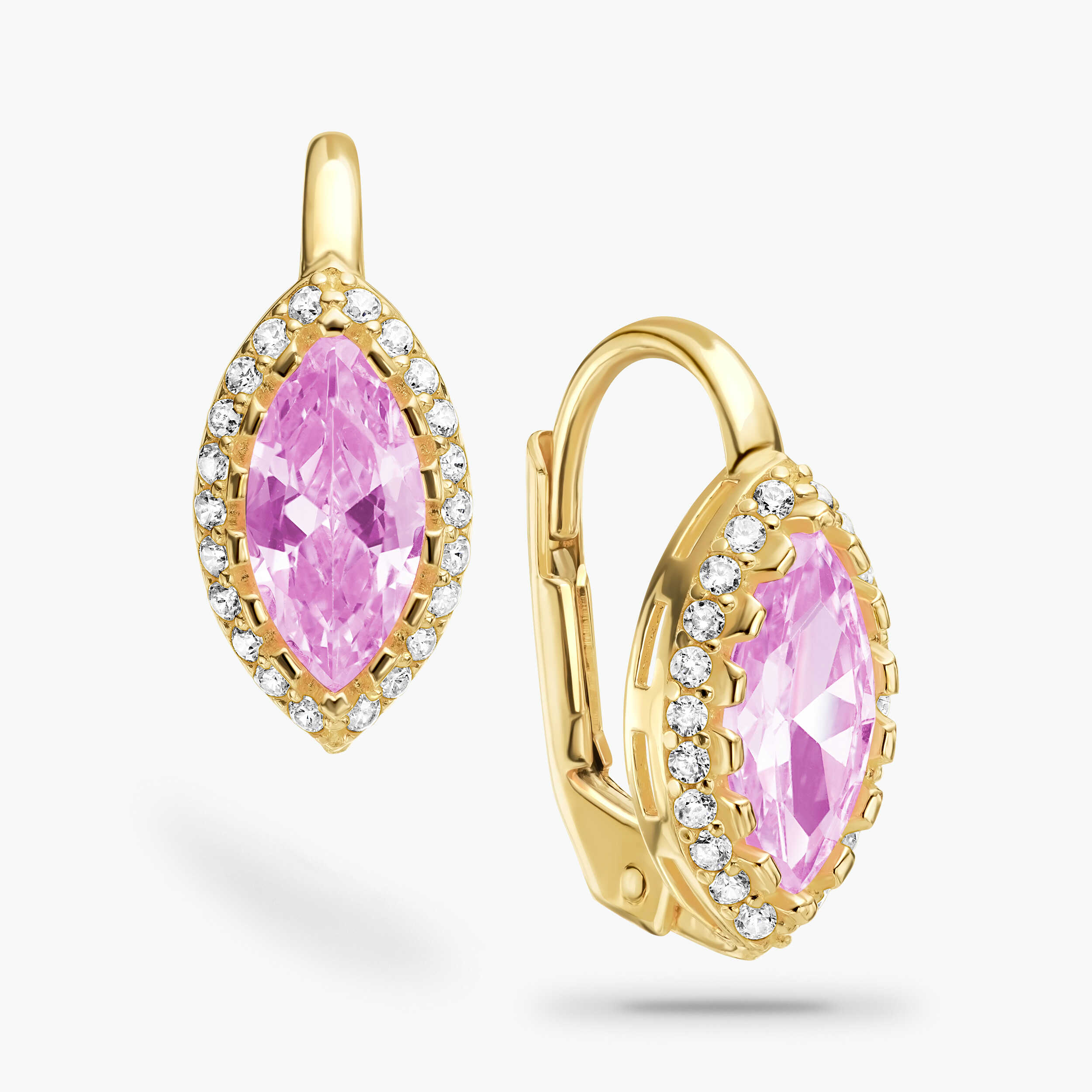 עגילי זהב עם אבן ורודה בחיתוך מרקיז מוקפת זירקונים