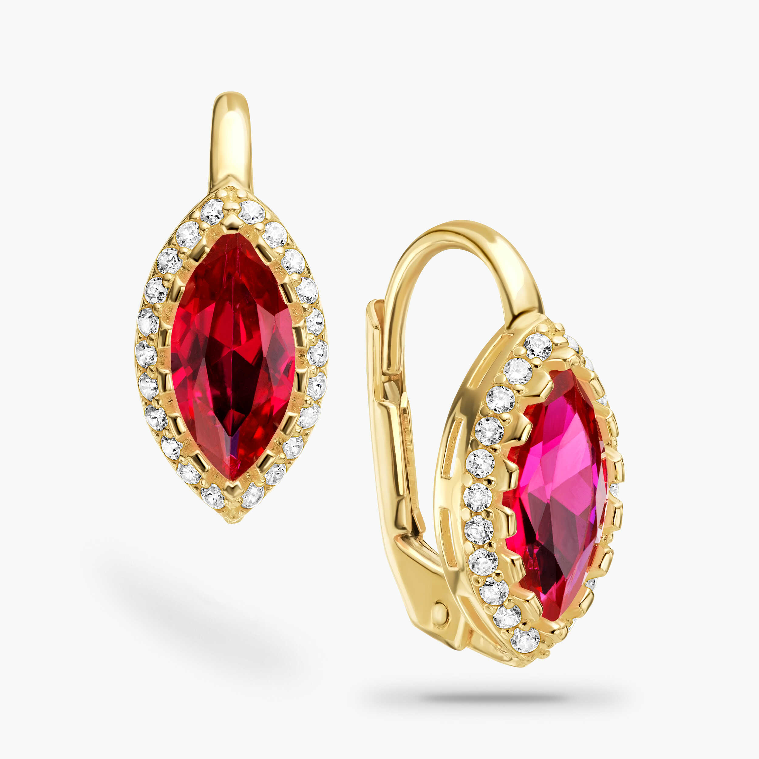 עגילי זהב משובצים אבני חן אדומות וזרקונים