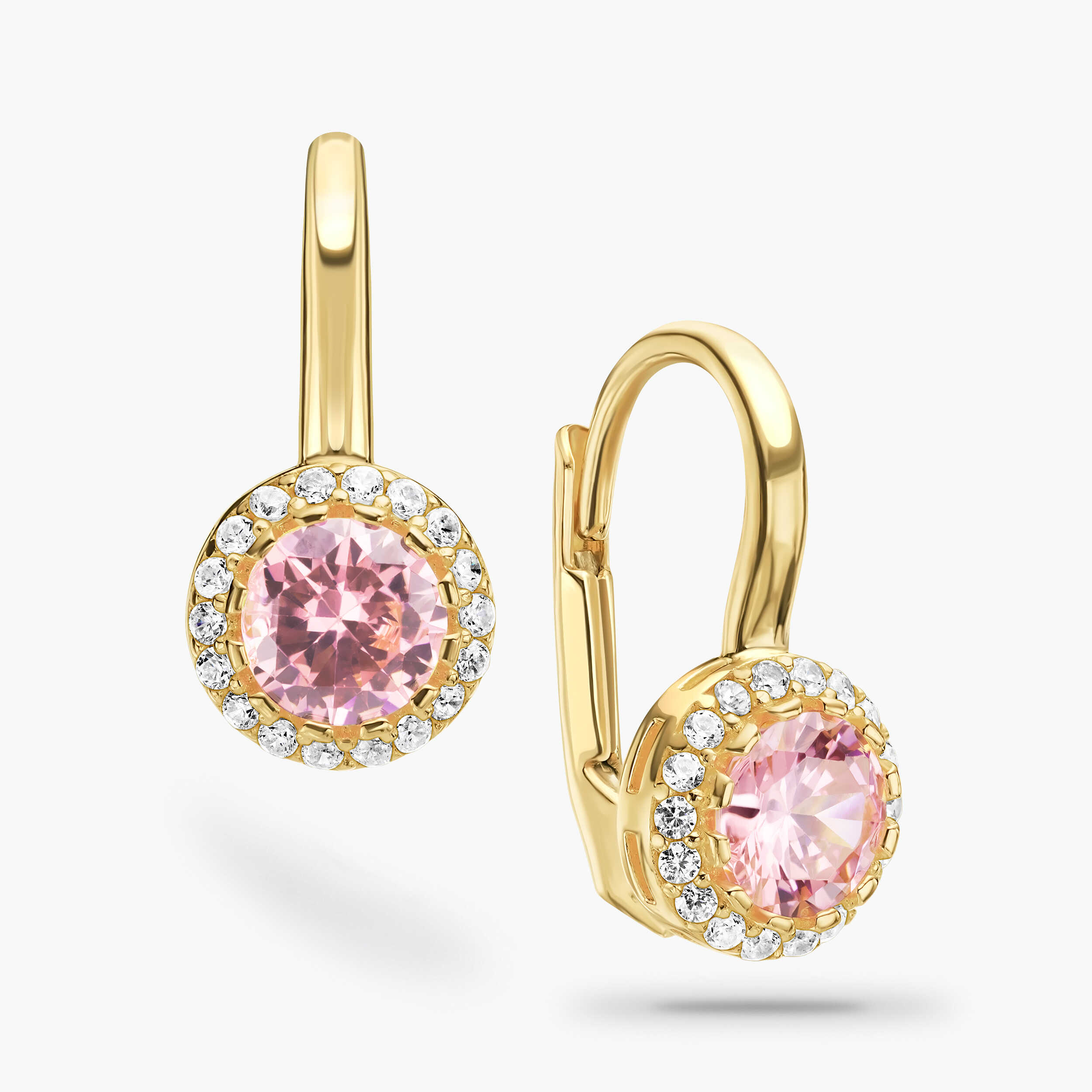 עגילי זהב משובצים אבן חן וורודה מוקפת זרקונים