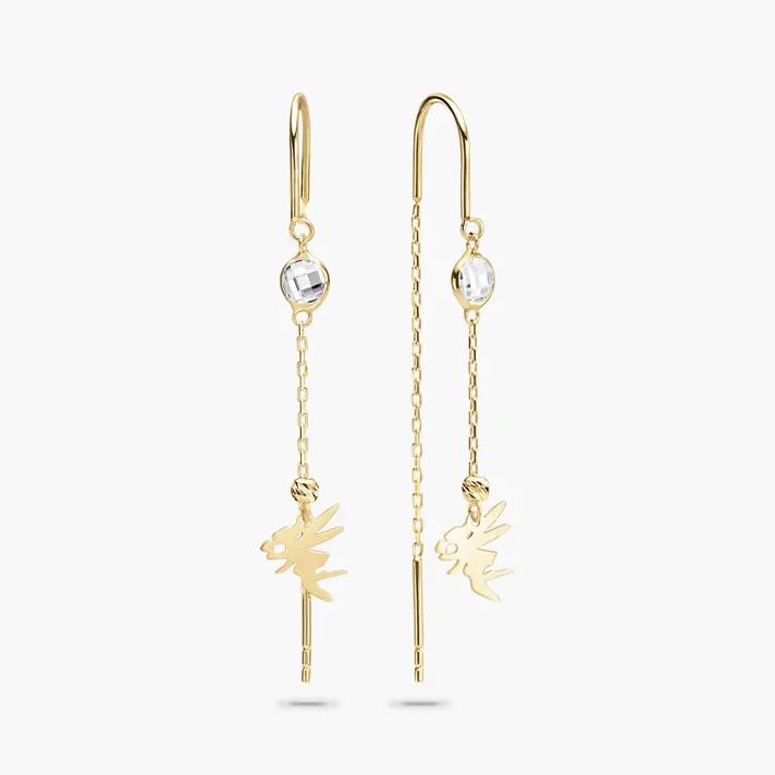 עגילי זהב ארוכים עם סיומת פיה