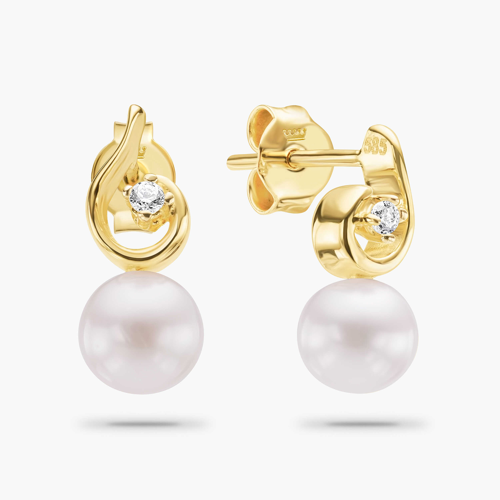 עגילי זהב בשיבוץ פנינה וזרקון