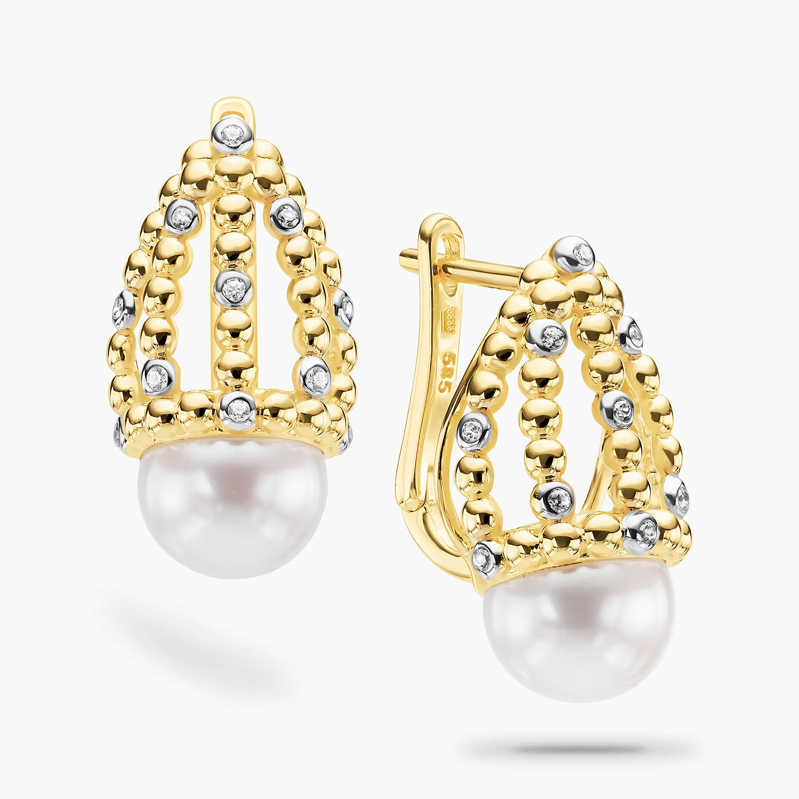 עגילי GOLDEN CROWN בשיבוץ פנינים וזרקונים