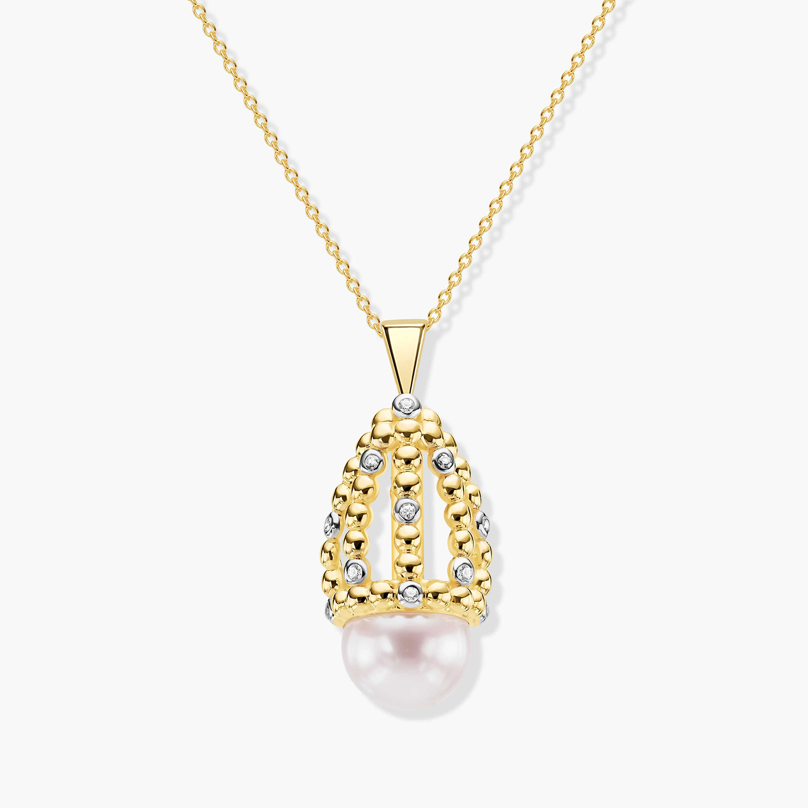 תליון זהב GOLDEN CROWN משובץ פנינה וזרקונים