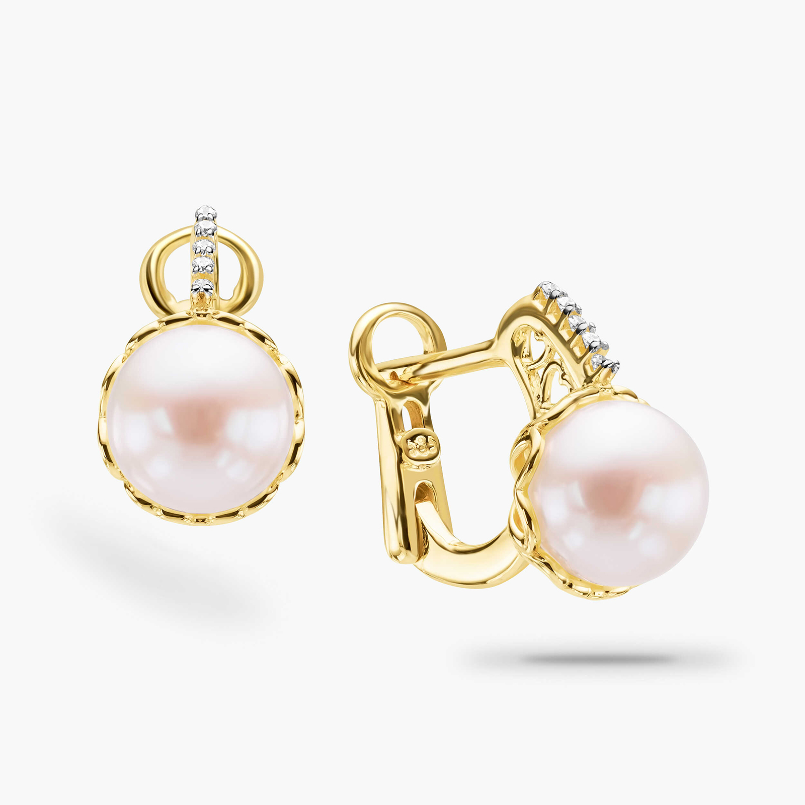 עגילי זהב משובצי פנינים וזרקונים