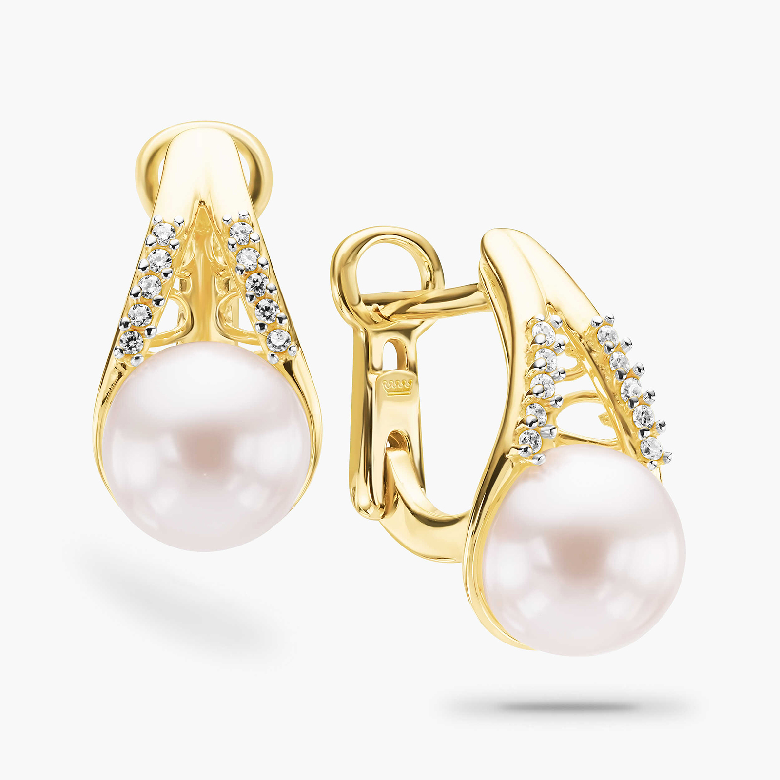 עגילי זהב בשילוב פנינה וזרקונים