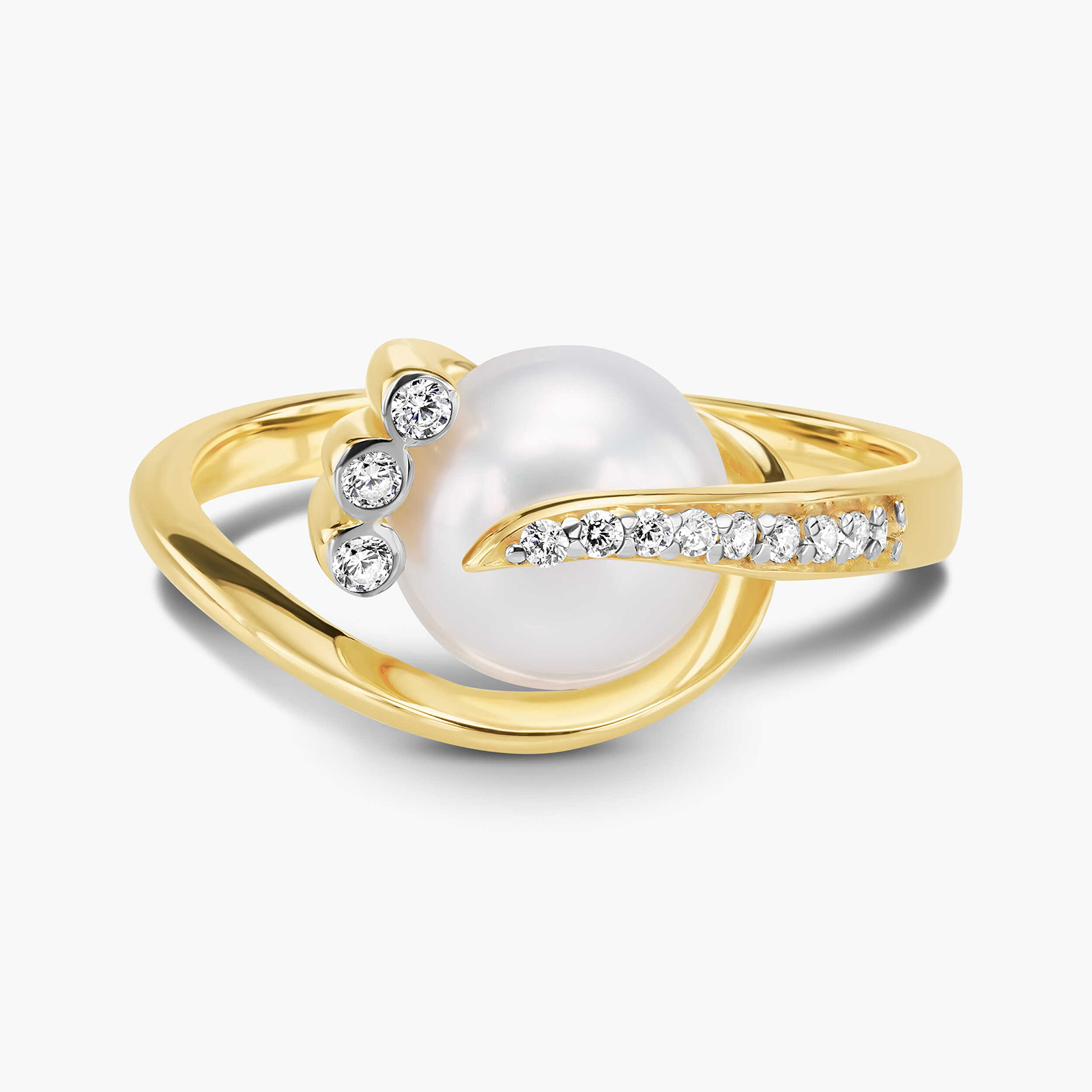 טבעת זהב בשיבוץ פנינה וזרקונים