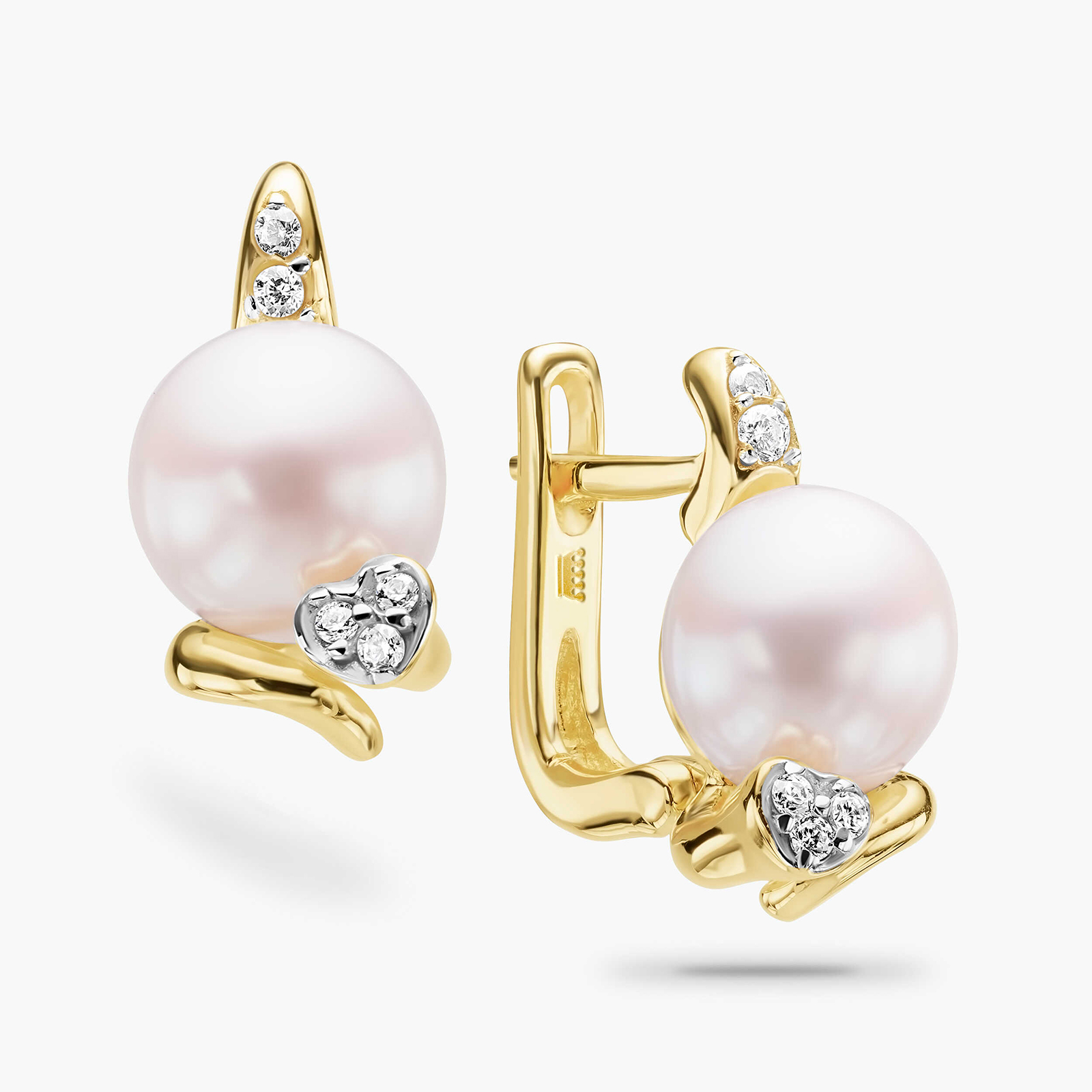 עגילי זהב בשיבוץ פנינה וזרקונים