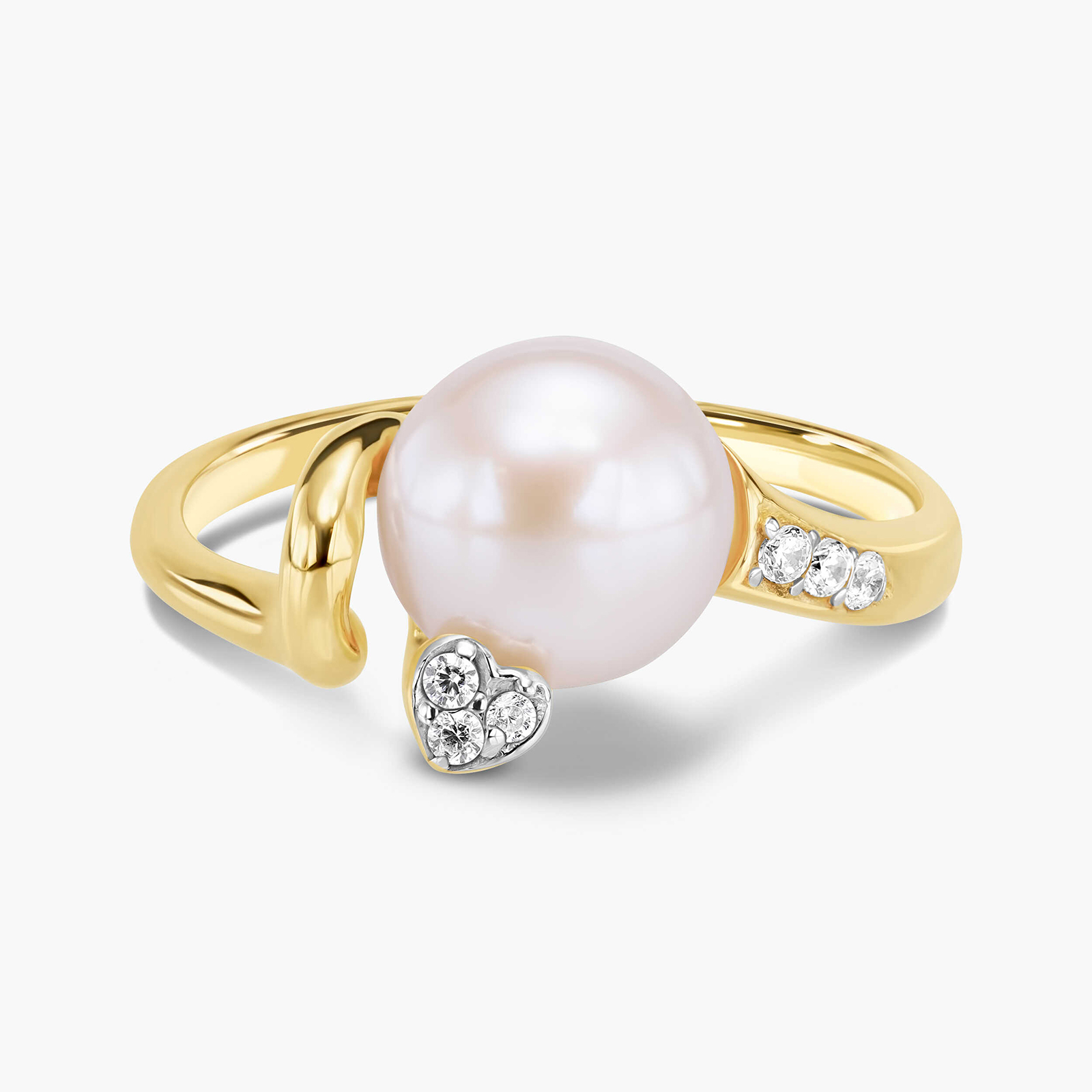 טבעת זהב משובצת פנינה וזרקונים