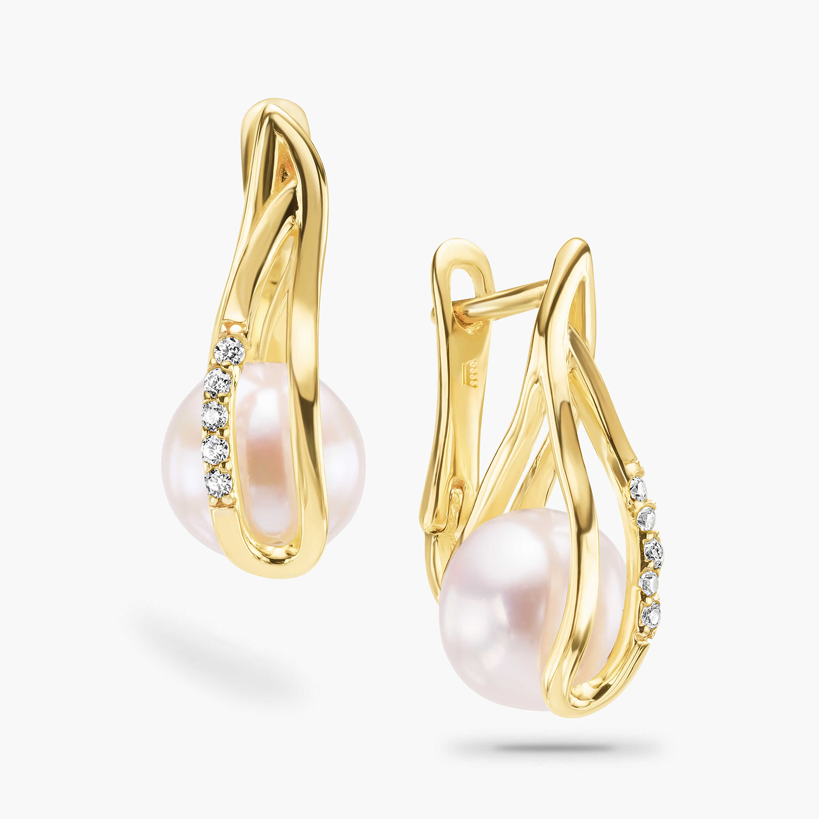 עגילי זהב בשיבוץ פנינים וזרקונים