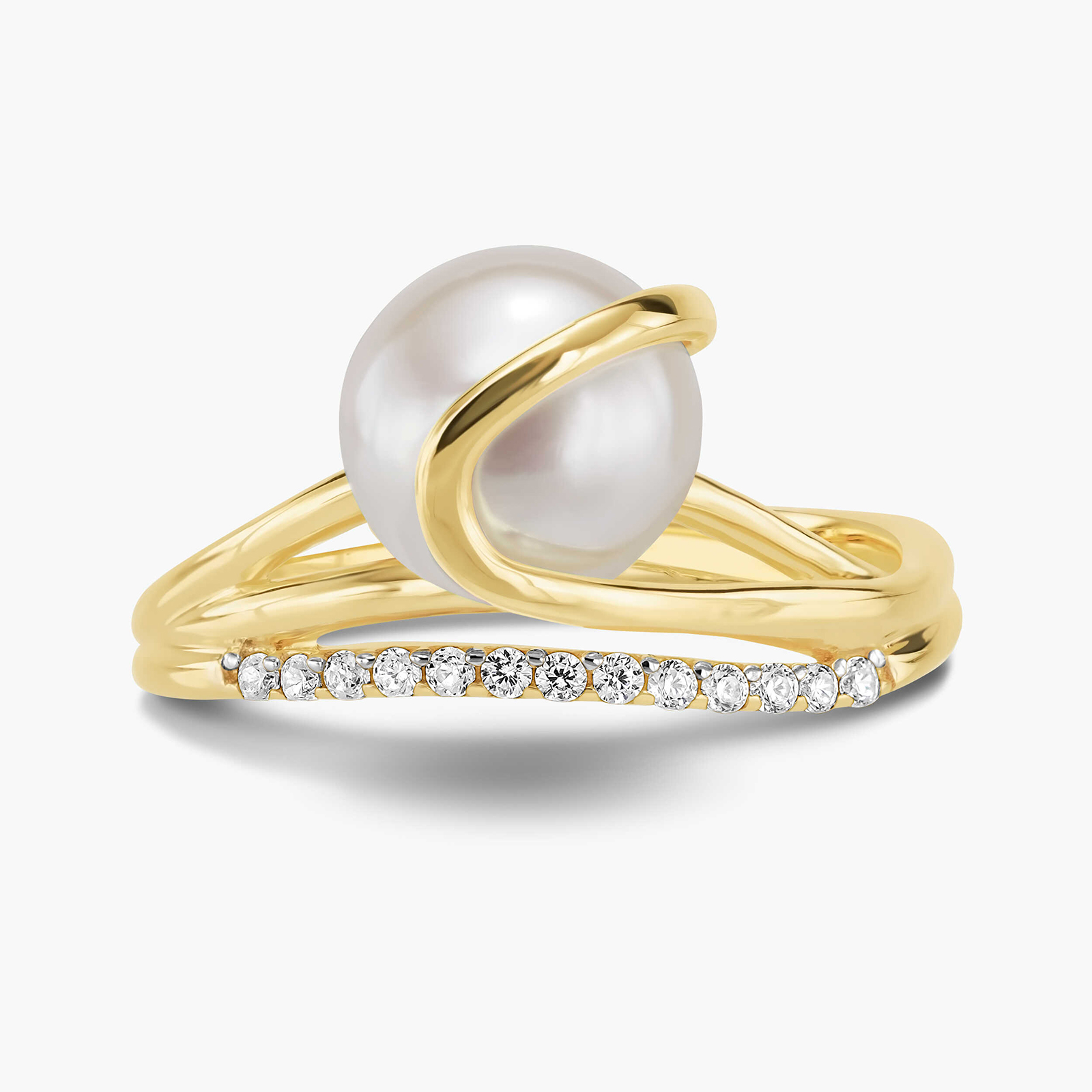 טבעת זהב בשיבוץ פנינה וזרקונים