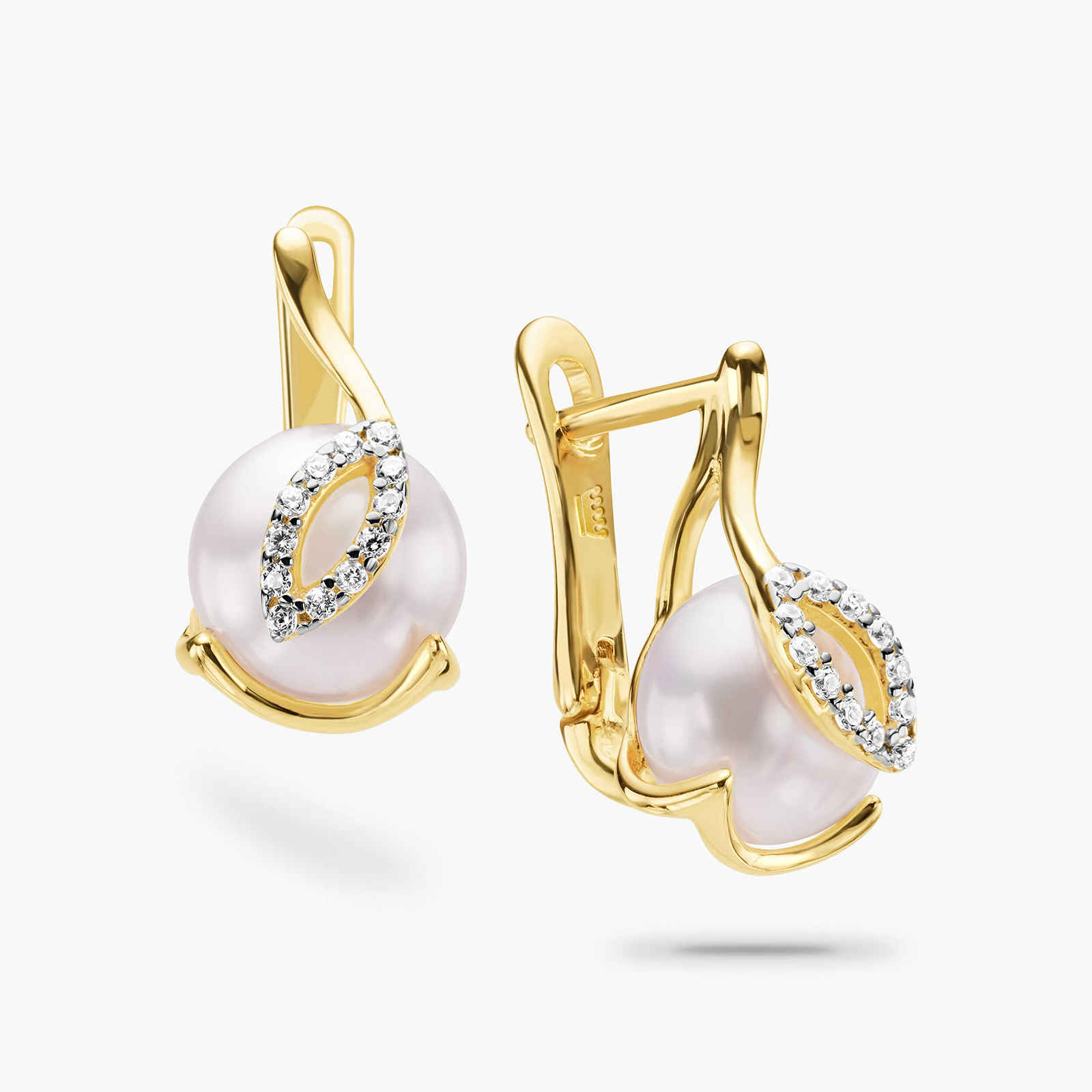 עגילי זהב בשיבוץ זרקונים ופנינה