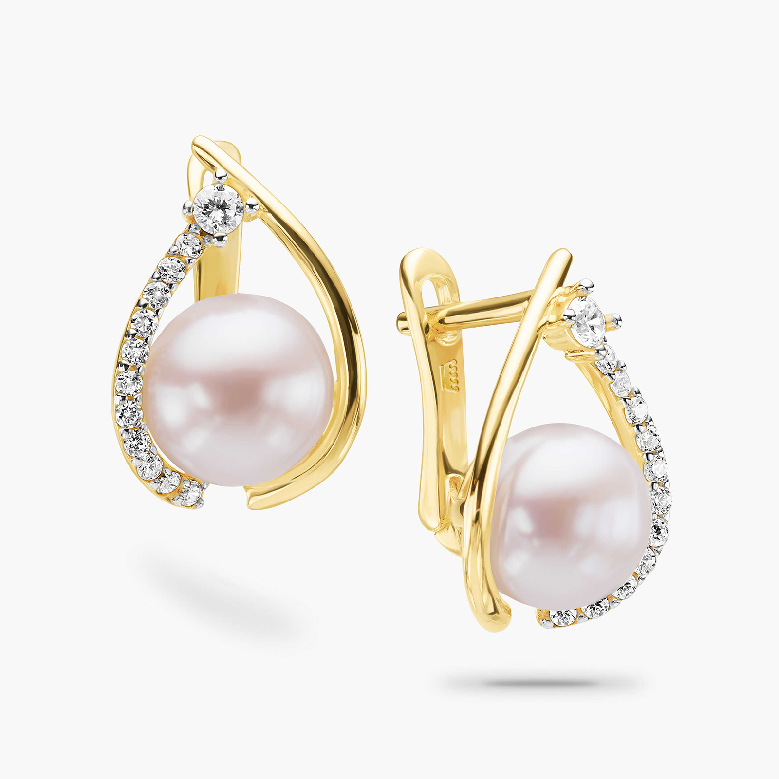 עגילי טיפות זהב בשיבוץ פנינים וזירקונים