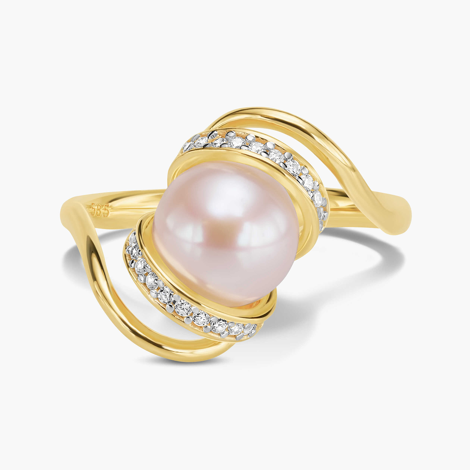 טבעת זהב בשיבוץ זרקונים ופנינה