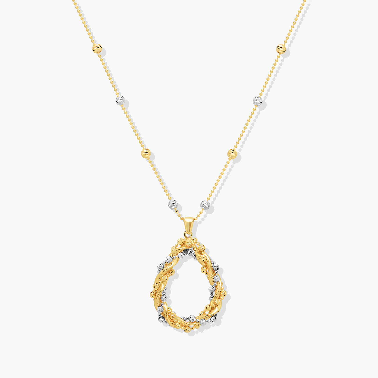 שרשרת זהב עם טיפה מתלפפת וכדורי זהב