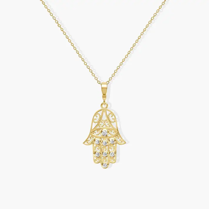 תליון זהב חמסה משובץ זרקונים בשילוב עין לשמירה מאנרגיות רעות