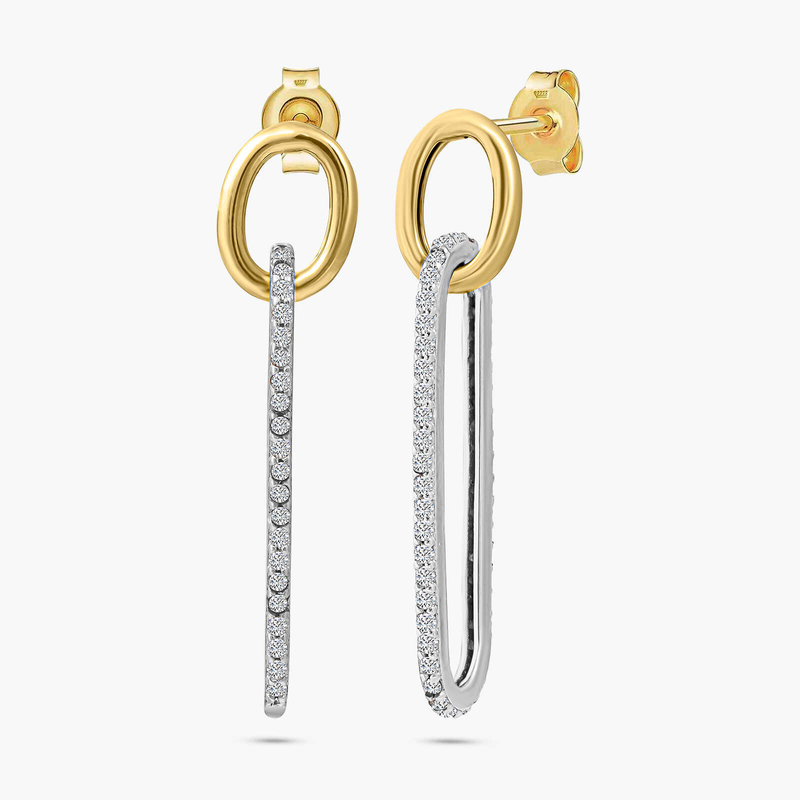 עגילי זהב 14K מחוליות בשני גדלים ובשיבוץ זרקונים נוצצים