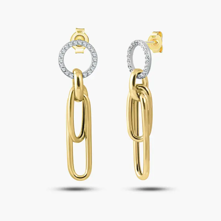 עגילי זהב מחוליות בשיבוץ זרקונים