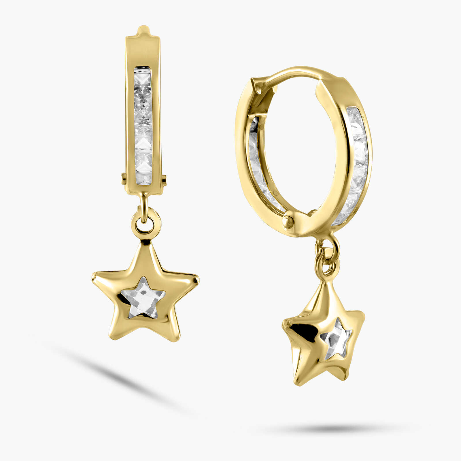 עגילי חישוק מזהב 14K עם כוכב בשיבוץ זרקונים